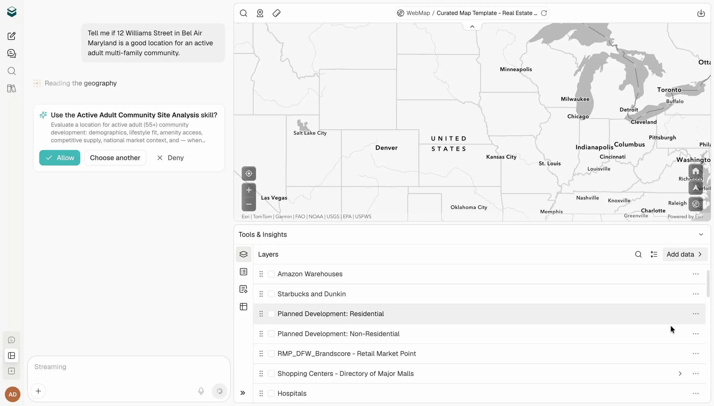 Curated proposing the Active Adult Community Site Analysis playbook, with Allow, Choose another and Deny